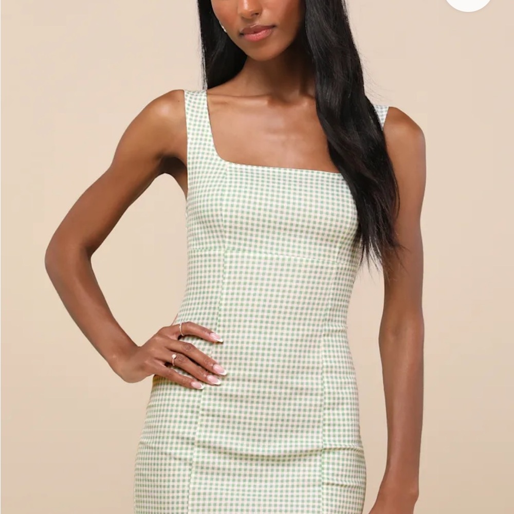Lulu's Happy Chance Sage Green Gingham Square Neck Mini Dress